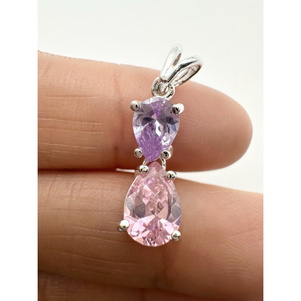925 Sterling Silver Pear Shape CZ Pendant Pink Purple